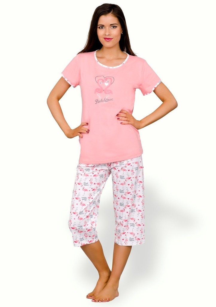 Dámské pyžamo s obrázkem plameňáků a capri kalhotami