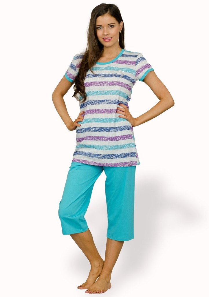 Dámské pyžamo s barevnými pruhy a capri kalhotami