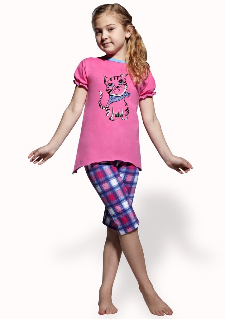 Dětské pyžamo s obrázkem kočky a capri kalhotami
