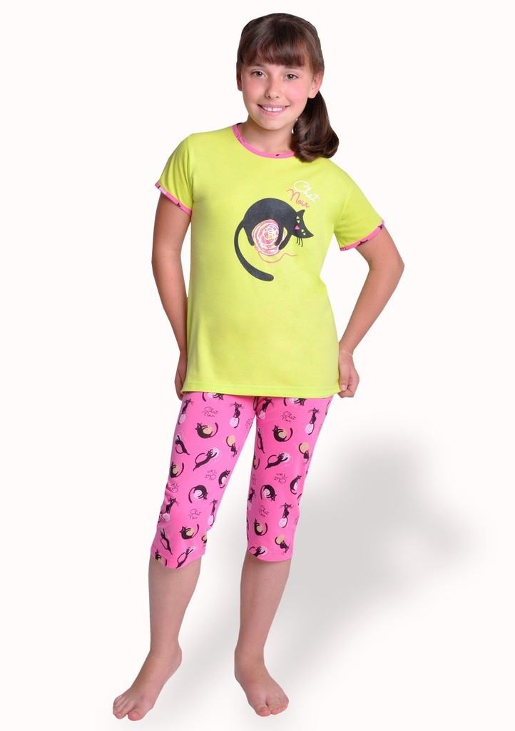 Dívčí pyžamo s obrázkem kočky a capri kalhotami